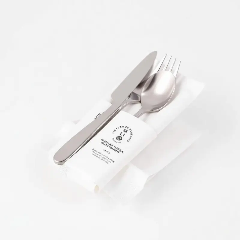 Individually sealed cutlery packets with knife, fork, spoon and napkin in custom printed sleeves, private-label produced by SGI Packaging L.L.C., Ajman, UAE