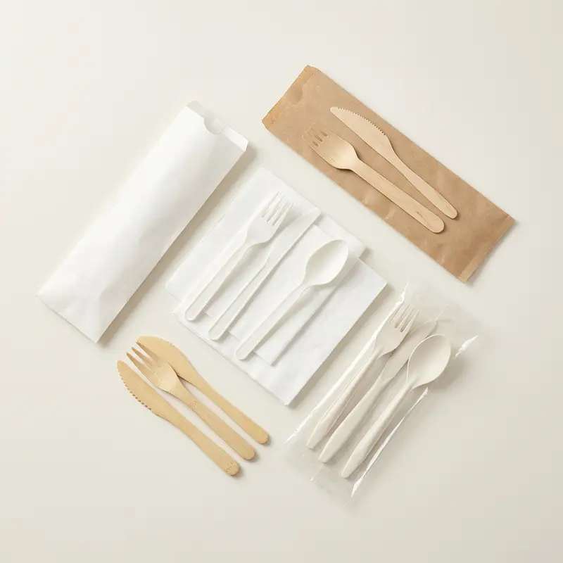 Custom private-label cutlery and napkin sets shown in white kraft, brown kraft and clear BOPP packaging with plastic, wood, bamboo, paper-based and compostable cutlery options